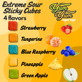 Sour Cubes flavor chart showing strawberry, tangerine, blue raspberry, pineapple, and green apple.